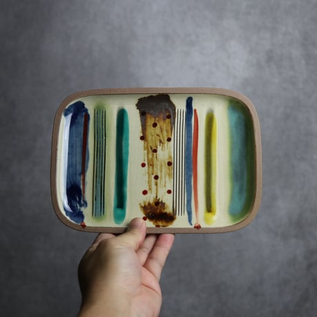 長角皿 中 赤絵 ストライプ やちむん 陶器 一翠窯:7021018