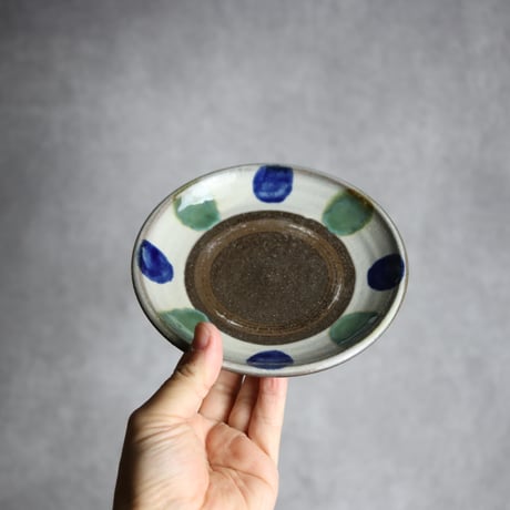 5寸皿2 呉須 緑釉 点打 やちむん 陶器 漂窯:7010004