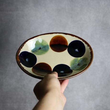 オーバル皿4 三彩丸紋 やちむん 陶器 エドメ陶房:7201002