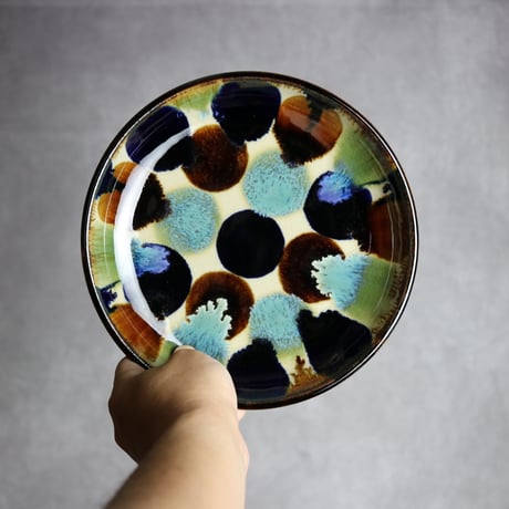 7寸皿1 三彩ドット紋 やちむん 陶器 エドメ陶房:7201005