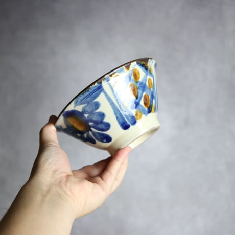 5寸マカイ1S 飴 呉須釉 菊唐草 格子点打 やちむん 陶器 いずみ窯 島袋工房:7028042