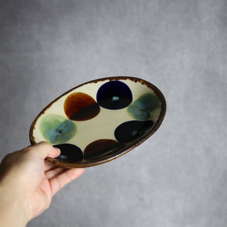 オーバル皿2 三彩丸紋 やちむん 陶器 エドメ陶房:7201002
