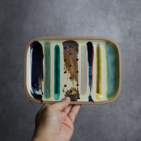 長角皿 中 赤絵 ストライプ やちむん 陶器 一翠窯:7021018