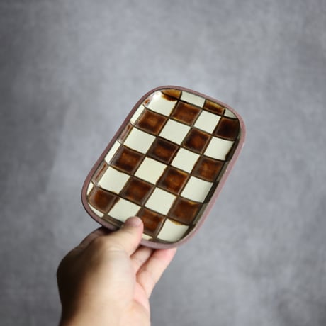 長角皿 小 格子 飴 白 やちむん 陶器 一翠窯:7021001