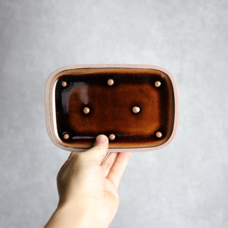 長角皿 小 点いっちん アメ 茶色 やちむん 陶器 一翠窯:7021001
