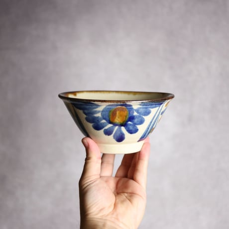 5寸マカイ1S 飴 呉須釉 菊唐草 格子点打 やちむん 陶器 いずみ窯 島袋工房:7028042
