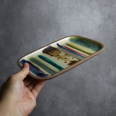 長角皿 中 赤絵 ストライプ やちむん 陶器 一翠窯:7021018