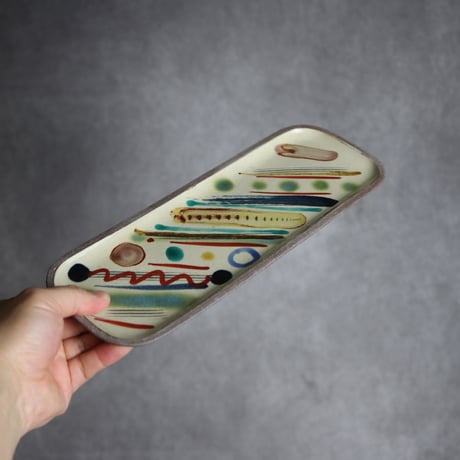 長角皿 長 赤絵 シンストライプ やちむん 陶器 一翠窯:7021020