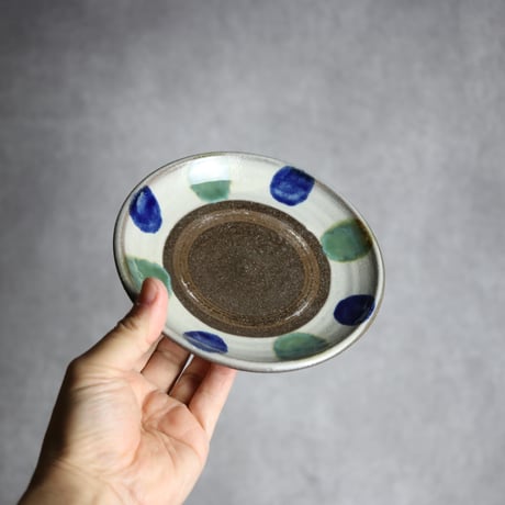 5寸皿2 呉須 緑釉 点打 やちむん 陶器 漂窯:7010004