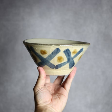 6寸マカイ2 飴 呉須釉 格子点打 やちむん 陶器 北窯 宮城正享工房:7005016 ※重い