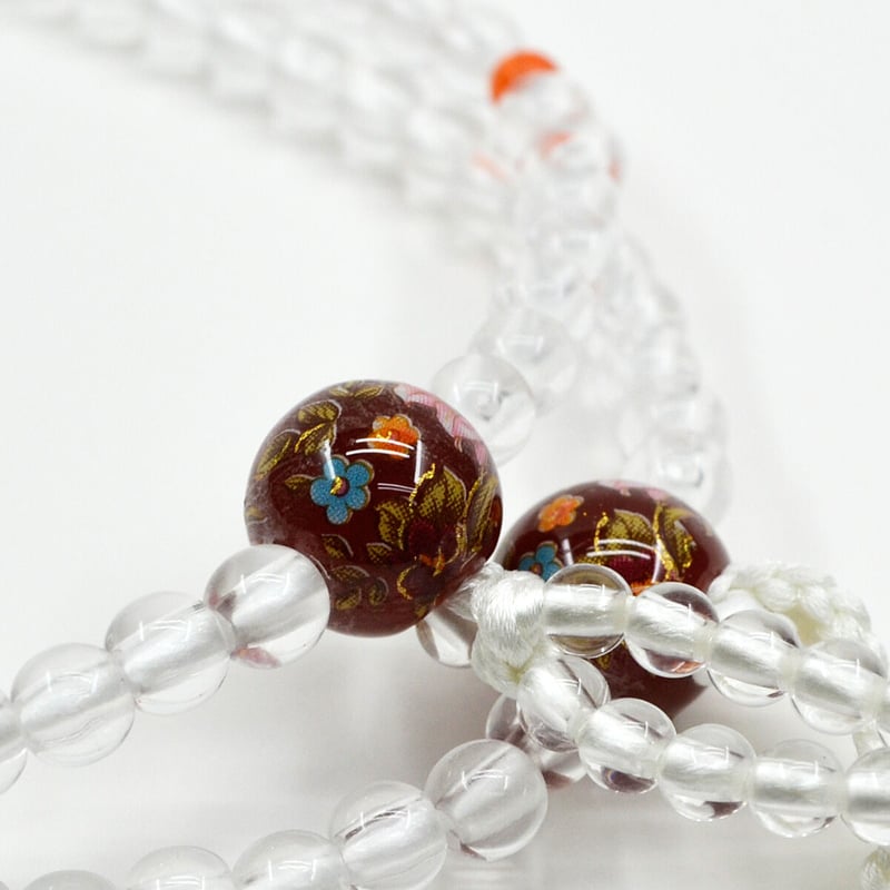 エンジ×クリア【親玉花柄入り】098 女性用 婦人用 創価学会数珠 念珠