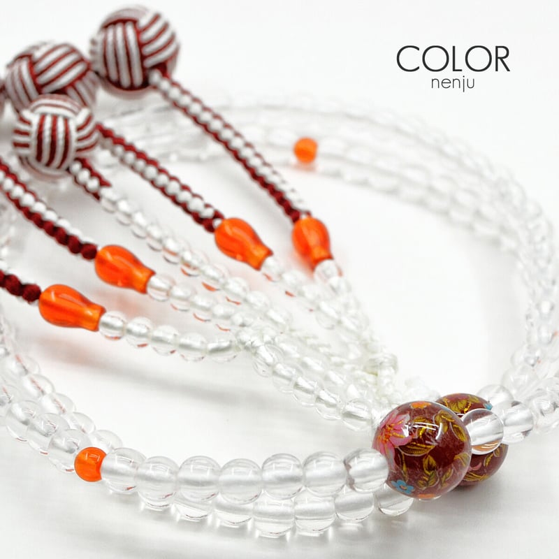 エンジ×クリア【親玉花柄入り】098 女性用 婦人用 創価学会数珠 念珠