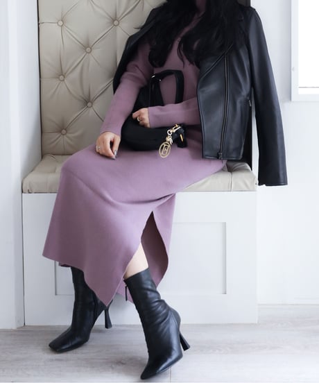 High neck slit knit dress