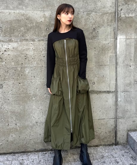 Gather layered dress / KHAKI / S