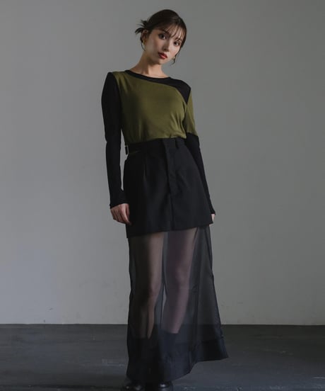 Sheer switch jersey top/ KHAKI / F