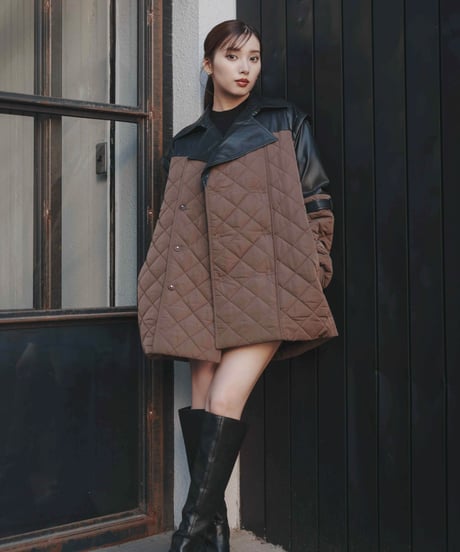 【UNISEX】 Leather Combination Quilted Coat / BEIGE / M