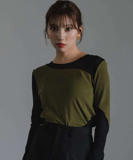 Sheer switch jersey top/ KHAKI / F