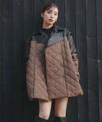 【UNISEX】 Leather Combination Quilted Coat / BEIGE / M