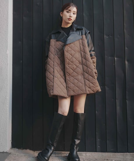 【UNISEX】 Leather Combination Quilted Coat / BEIGE / M
