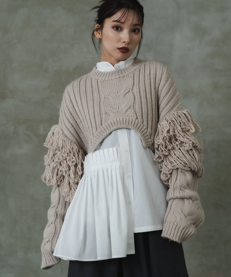 Fringe cable short knit top | LEANN MOMENT | リー...