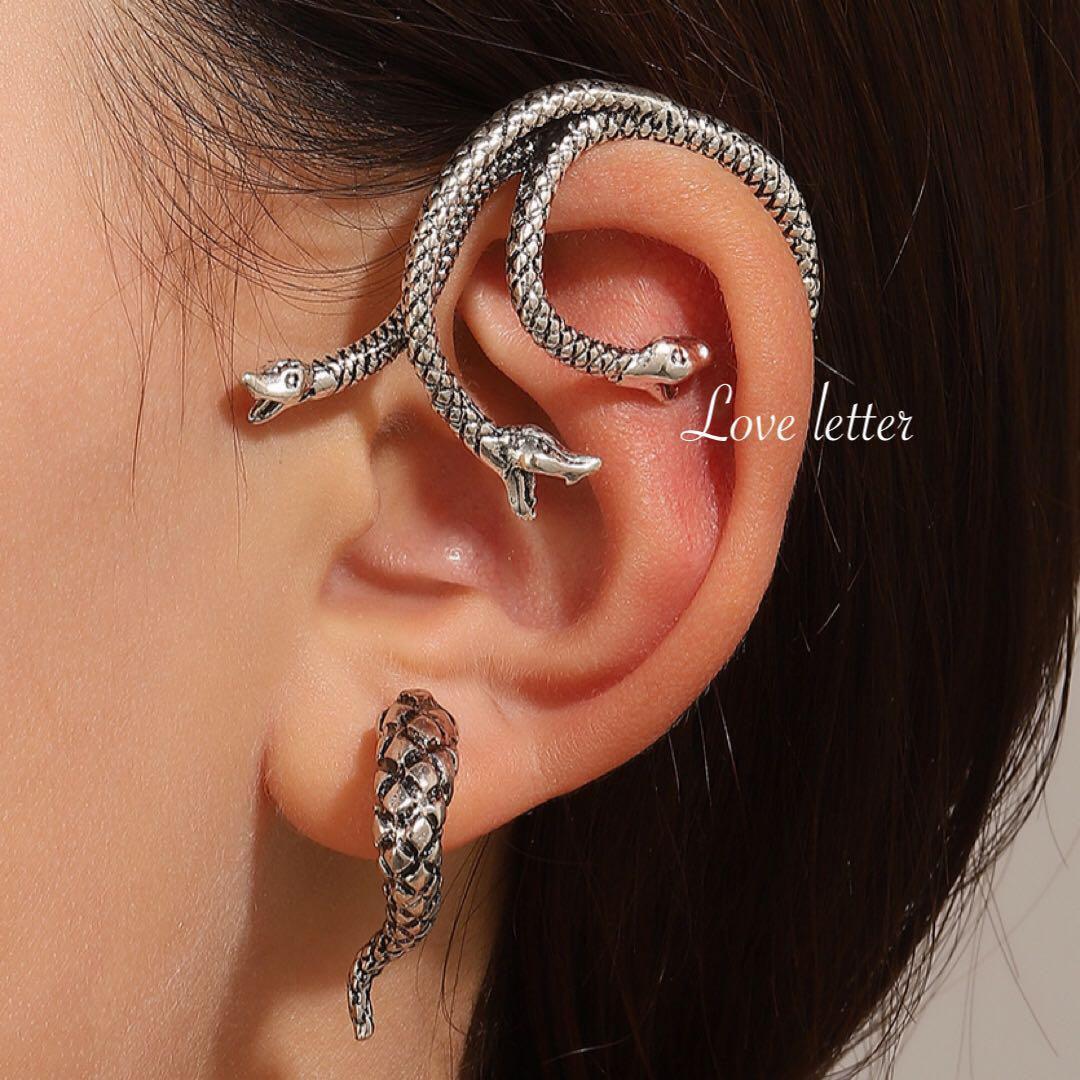 シルバースネークイヤーカフ型片耳ピアス 韓国 地雷 パンク 蛇