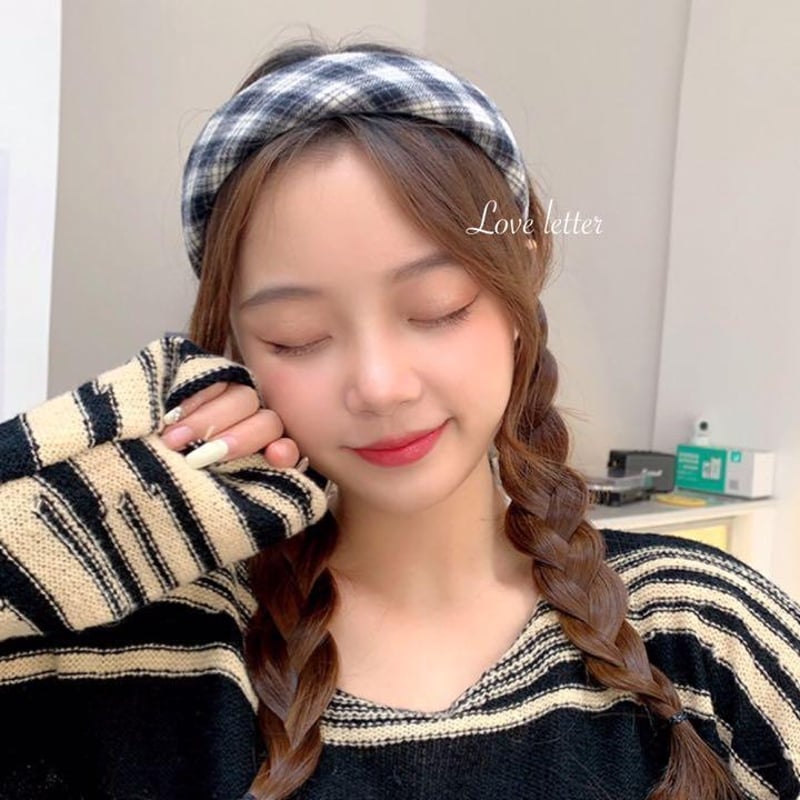 チェック柄ワイドカチューシャ ヘアバンド 韓国 KPOP 量産型 地雷 春夏