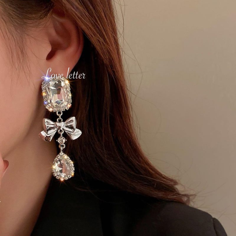 ピアス リボン ロング シルバー 揺れる キラキラブライダル 韓国12set 即納】[925 Silver]ロングテール ライン リボン ピアス 韓国