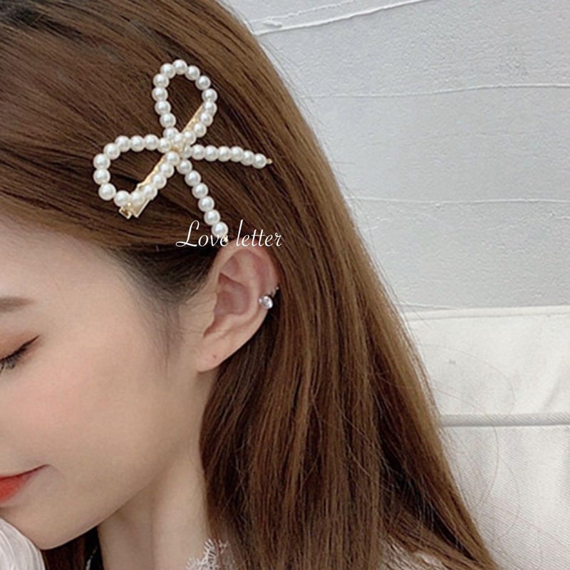 パールリボンヘアクリップ ヘアピン 韓国 量産型 地雷 春夏秋冬 | Love