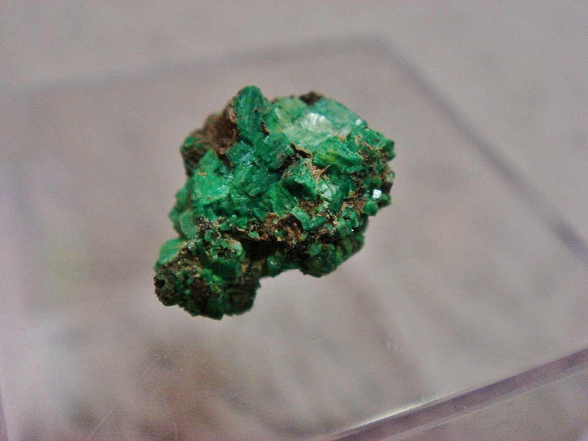 燐銅ウラン鉱　torbernite コンゴ産　放射性鉱物 □ Torbernite ／ 燐銅ウラン石・トーバーナイト
