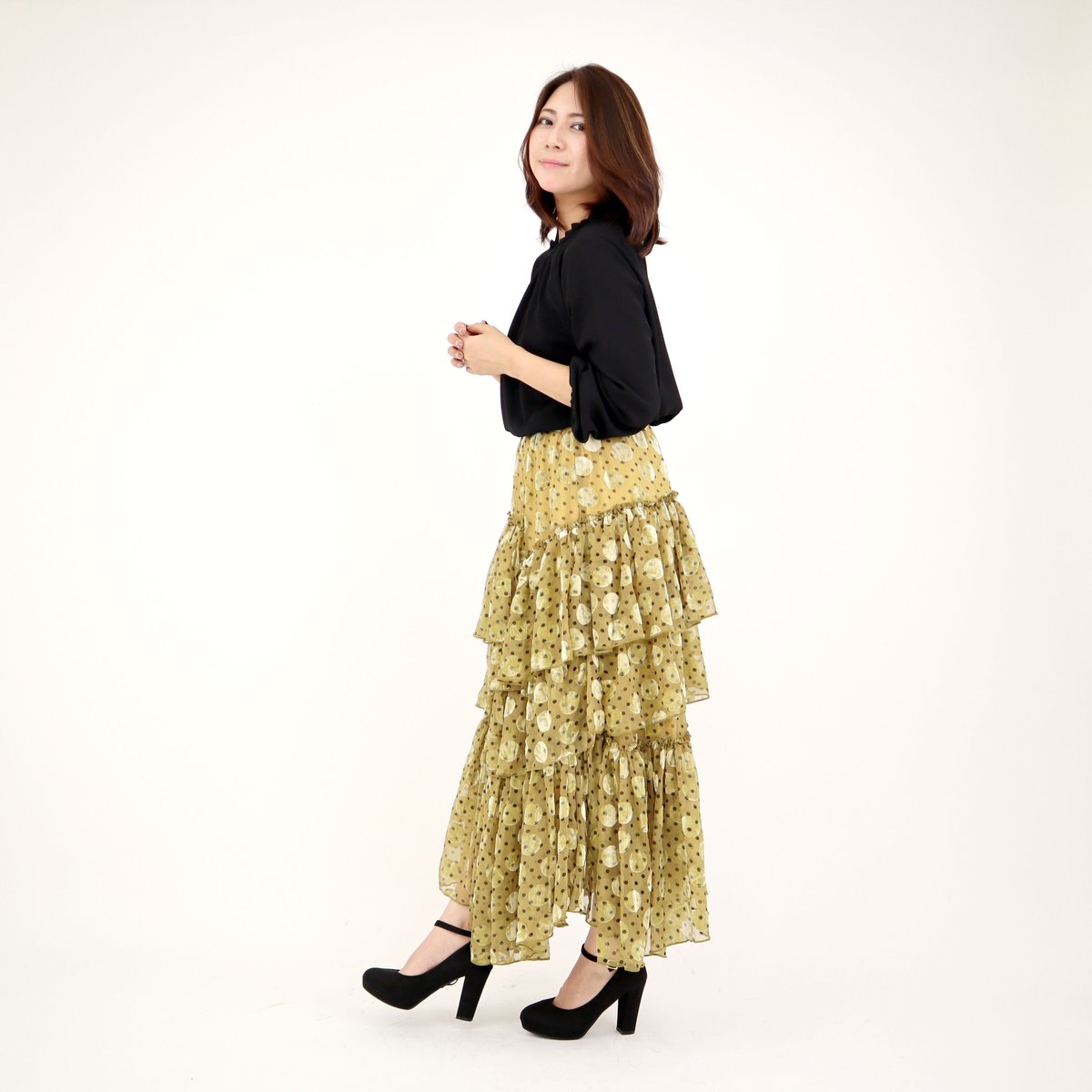 ドット柄フロッキー切替ロングスカート（イエロー） | Cesario 