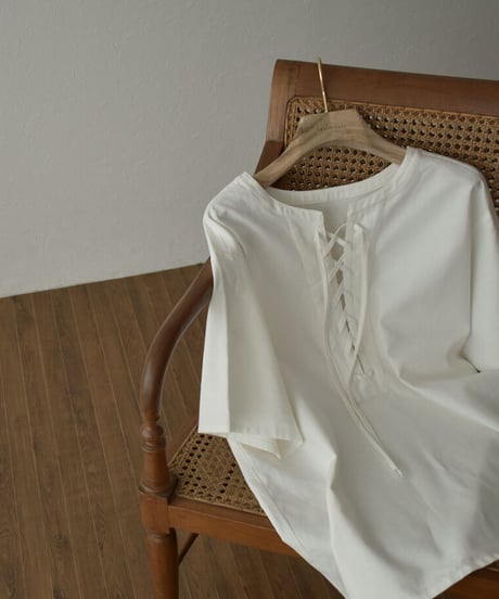 tops-04093  MADE IN JAPAN LINEN MIXED CANVAS LACE-UP PULLOVER