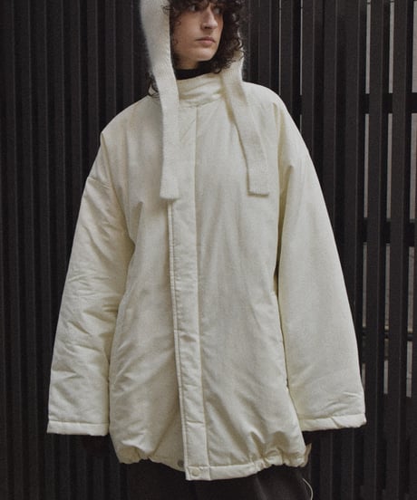 outer-02095   Stand Collar Quilted Mid-Length Coat  Ecru Black