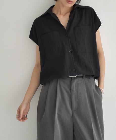 tops-02548　Drawstring Design French Sleeve Shirt　White Beige Black