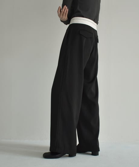 bottoms-02216　Marbelt Design Low Waist Tuck Pants　Black