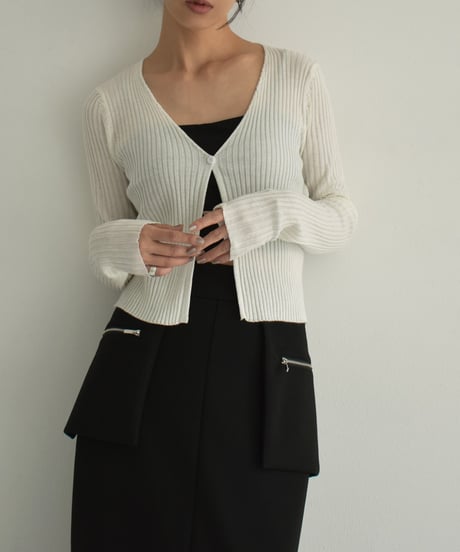 knit-02295　Ribbed One Button Cardigan Off-White Brown Red Charcoal