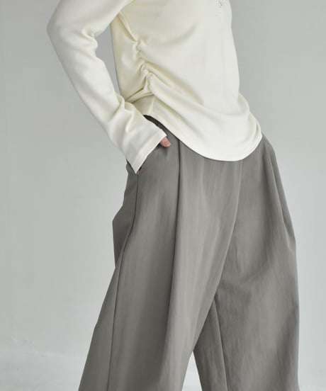 bottoms-02265    Wrap waist tuck wide pants Ecru Khaki-gray Black
