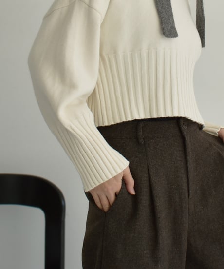 knit-02311　Waist Rib Design Cropped Knit Ecru Mocha Beige Black