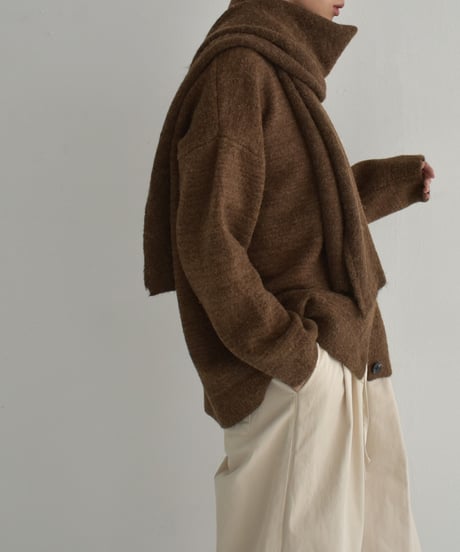 knit-02293　Knitted Cardigan With Scarf　Brown Gray Black