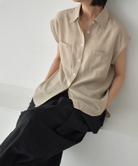 tops-02544　French Sleeve Sheer Shirt  Ecru Beige Green-tea