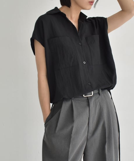 tops-02548　Drawstring Design French Sleeve Shirt　White Beige Black