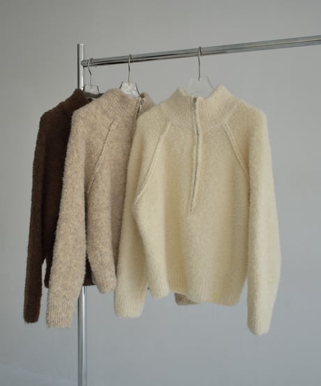 knit-02314　Bouclé Half Zip Knit  Off-White Beige Brown