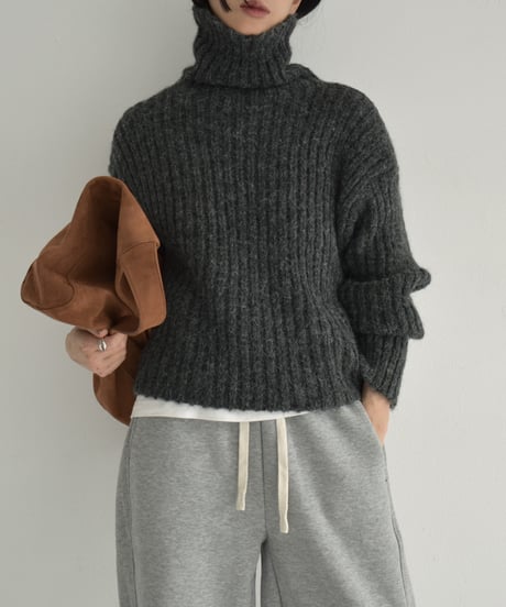 knit-02309　Ribbed Turtle Knit Tops Beige Brown Light Gray Dark Gray