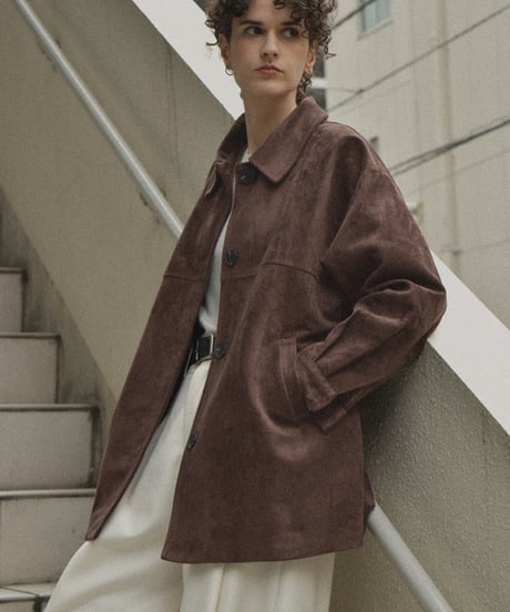 jacket-02024 Faux Suede Mid-Length Outer  Camel Brown