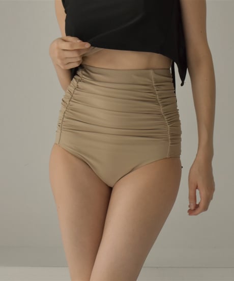swim-02464　Gathered Design High Waist Bikini Swim Bottoms　Mocha Beige　Black