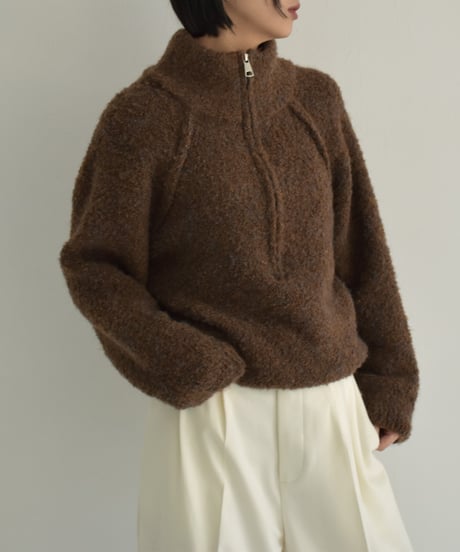 knit-02314　Bouclé Half Zip Knit  Off-White Beige Brown
