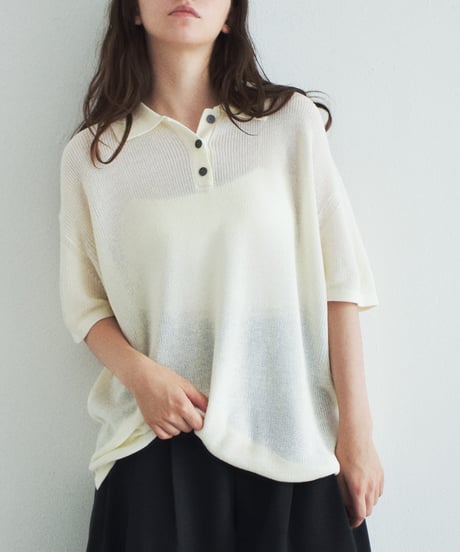 knit-02382 Polo Collar Knit Pullover Ecru Black