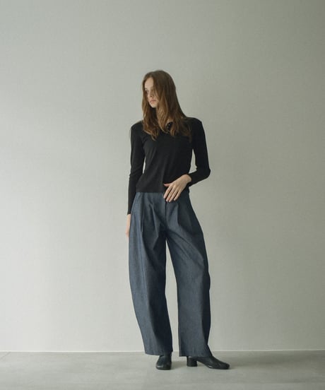 bottoms-02299  Denim-like Tucked Cocoon Pants　Navy Black