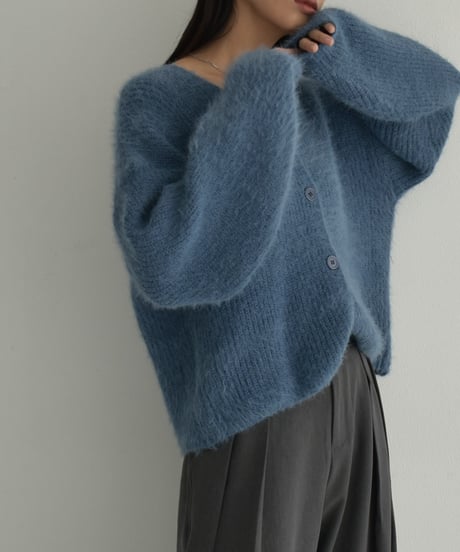knit-02289　Shaggy Knit Cardigan Blue Gray Black