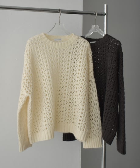 knit-02284　Openwork Knitted Mohair Knit Pullover Ecru Charcoal