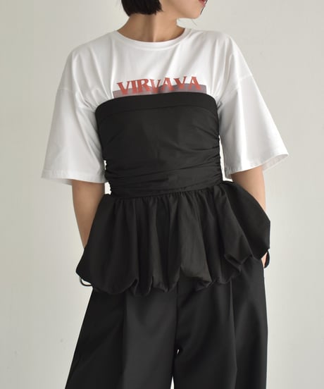 tops-02553　Gathered Balloon Bustier  White Ecru Black